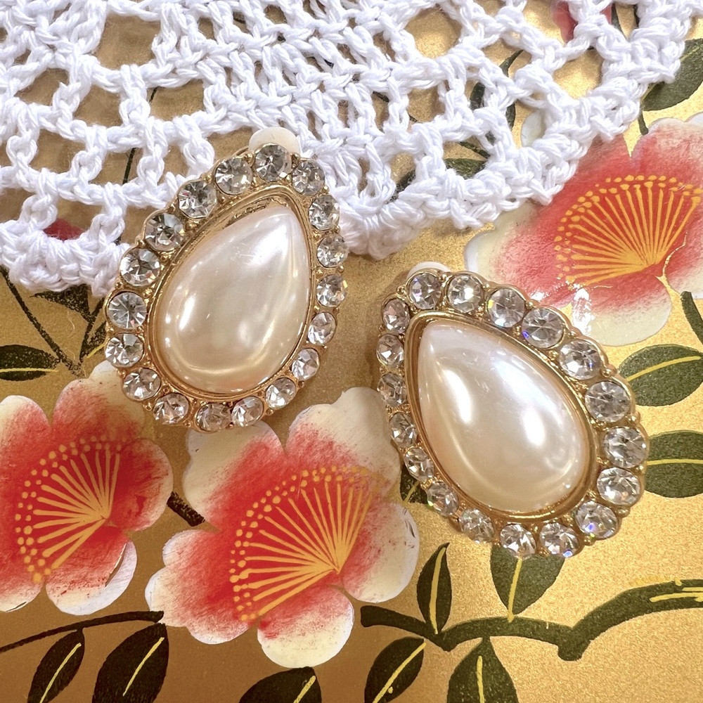 Vintage Statement Faux Pearl and Rhinestone Oversized Clip On Earrings